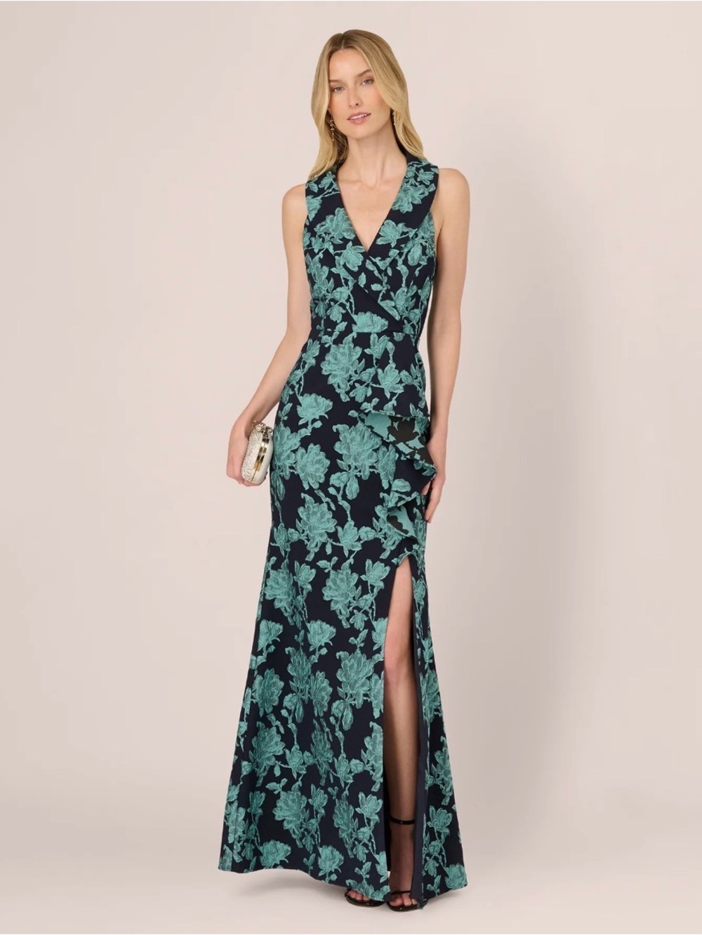 Adrianna Papell Navy & Teal Floral V-Neck Maxi Gown